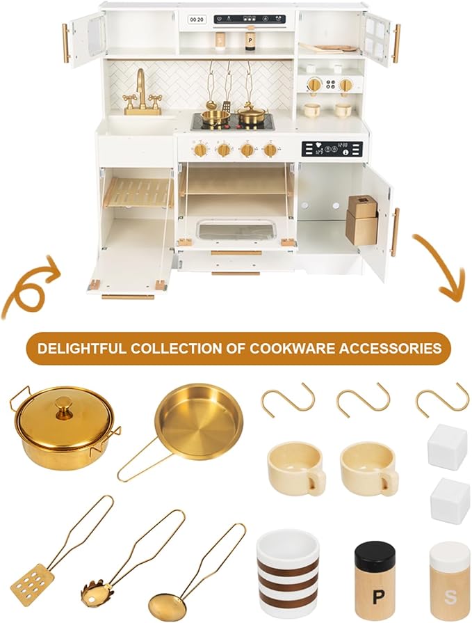 Interactive Wooden Play Kitchen Set for Kids Realistic Features with Extended Storage and 15 Kitchen Accessories, Ideal Pretend Playset Gift for Toddlers and Children Ages 3+