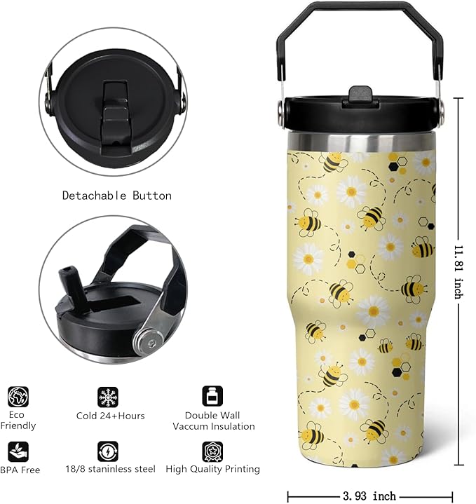 30 oz Bee tumbler With Handle Lid and Straw,Queen Bee Flip Straw Coffee Mug Cup Tumbler Water Bottles,Honey Bee themed Gifts for Women Daisy Flowers,Bee Decor