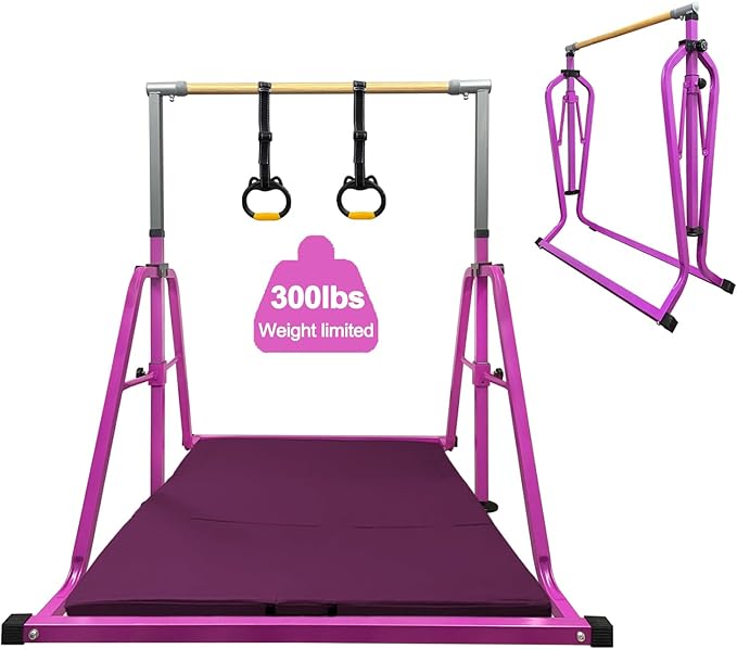 Foldable Gymnastics Kip Bar,Horizontal Bar for Kids,No Wobble Gym Equipment for Home Indoor,3' to 5' Adjustable Height,Gymnasts 1-4 Levels,300 lbs Weight Capacity