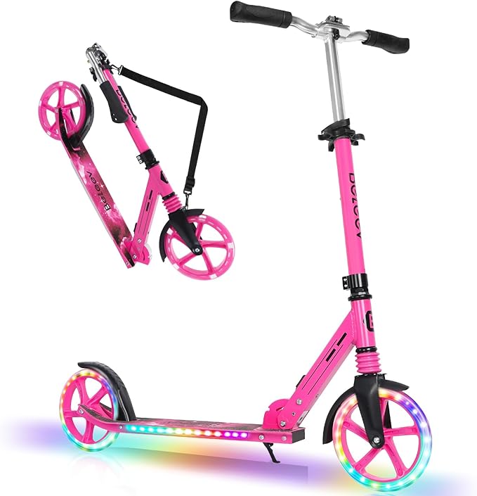 BELEEV V5 Plus Scooters for Kids Ages 6+, Teens with Light-Up Wheels & Deck, 2 Wheel Folding Lightweight Sport Scooter with 4 Adjustable Height, 8-inch Big Wheels, Carry Strap, Max Load 220 lbs