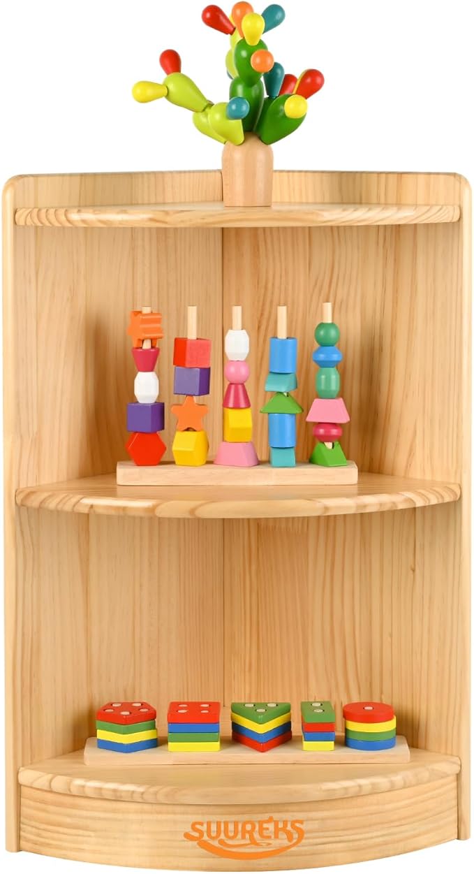 Corner Cabinet, 2-Tier Montessori Shelf, Kids Toy Shelf & Wooden Bookshelf, Book Shelf for Kids Rooms, Nursery, Classroom, Kindergarten (23-5/8"*11-1/5"*11-4/5")