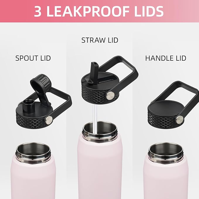 40oz Insulated Stainless Steel Water Bottle with Straw and 3 Lids, BPA-Free Sports Water Bottle,travel water bottle,Pink