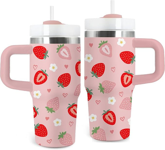 Strawberry Gifts for Girls - 14oz Cute Strawberry Kids Tumbler with Handle and Straw, Stainless Steel Insulated Water Cup, for School, Travel - Strawberries Themed Children Birthday Gifts Cups(1pc)