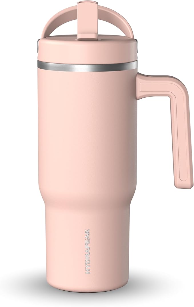 Hydrapeak Kids Voyager 18 oz Tumbler with Handle and Flip-Up Straw Lid | Spill Proof and Leak Resistant | Reusable Stainless Steel Water Bottle | Gift for Kids Boys Girls | Peony