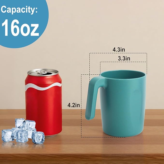 Coffee Mug 16 OZ, Wheat Straw Coffee Mugs Set of 6, Unbreakable Water Tumbler, Plastic Mugs with Handles, Microwave and Dishwasher Safe Camping Coffee Cups for RV, Outdoor Activities - Green