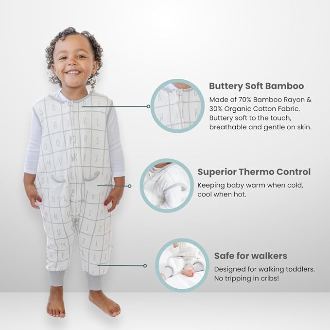 Tealbee Dreamsuit Toddler Sleep Sack with Feet – Walker Sleep Bag with Legs, Rayon made from Bamboo, All Season 1.2 TOG, 2-Way Zipper, 3T-4T - Alphabet