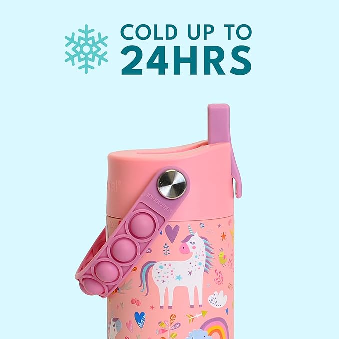 Elemental Insulated Kids Water Bottle, Stainless Steel Water Bottle with Straw Lid & Pop-It Handle, Leak-Proof Water Bottles for School, Boys or Girls, Travelling and Sports, 18oz - Pink Unicorn