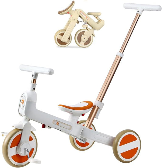 WEEROCK 6 in 1 Foldable Toddler Tricycle Kid Tricycles with/Without Parent Steering Push Handle Boys Girls Balance Bike for 1-6 Years Old Toy Gift, White