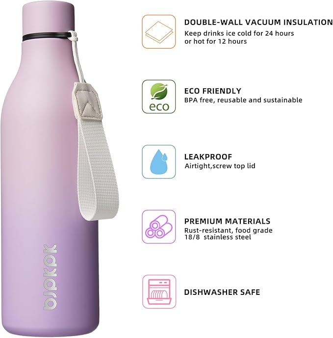 BJPKPK Insulated Water Bottles, 25 oz Stainless Steel Metal Water Bottle with Strap, BPA Free Leak Proof Thermos, Mugs, Flasks, Reusable Water Bottle for Sports & Travel, Dreamy Purple