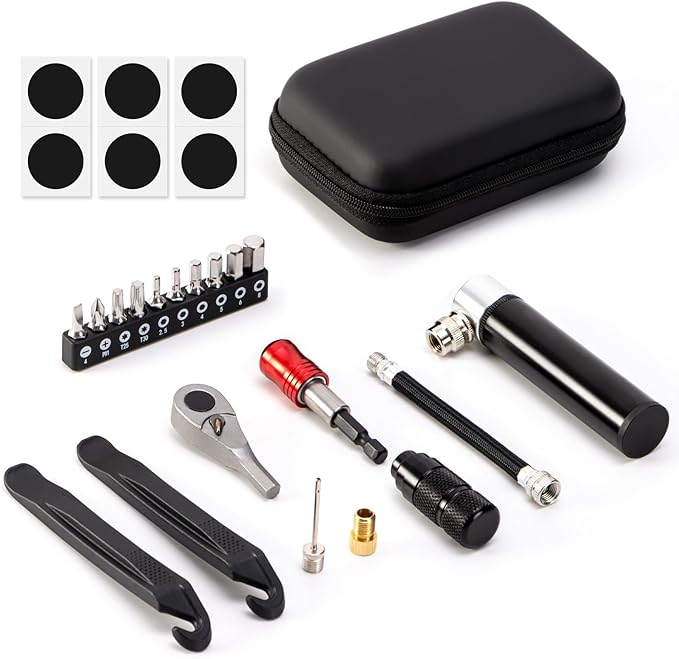 EMERK Bike Repair Tool Kit – Bicycle Multi-Tool Kit with Mini Pump, Ratchet Reversible Tool &10 Tool Bits, Tire Levers, and Portable Bag for Camping and Travel