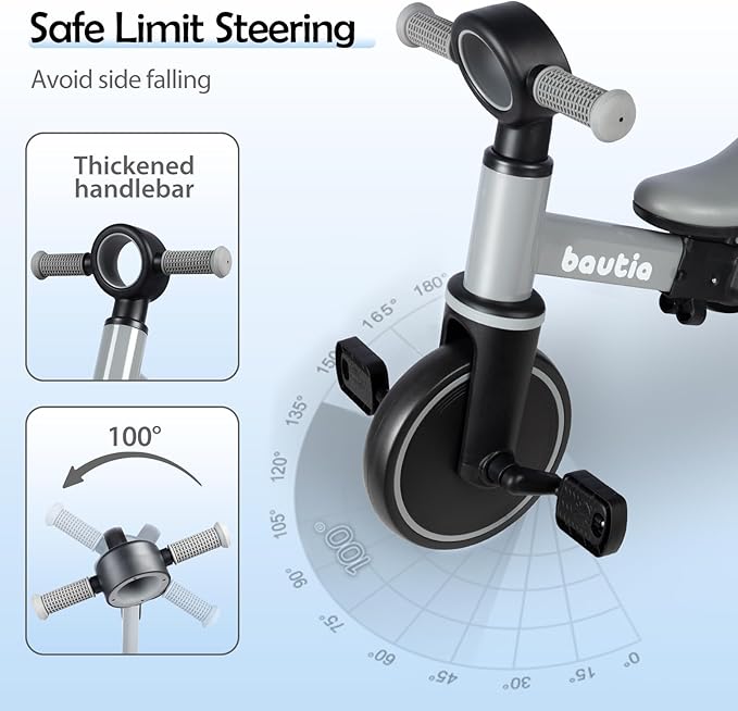 5 in 1 Kids Tricycle for Toddlers 1-3 Baby Balance Bike Toy for 1-4 Years Old Boys Girls Gift with Push Handle & Removable Pedals, Gray (No Parent Steering Version)