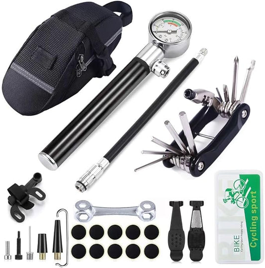 YBEKI Bike Tyre Repair Tool Kit - Bicycle Tool kit with 210 Psi Mini Pump 10-in-1 Multi-Tool with Chain Breaker, Tyre Levers &Tire Patch, Bone Wrench, 1 Portable Bag