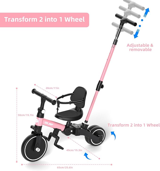 Glaf Tricycle for Toddlers 1-3 Toddler Bike Tricycles with Push Handle 2-4 Years Baby Bike Boys and Girls Balance Bike Birthday Toys with Removable Pedals Adjustable Seat Height and Backrest (Pink)