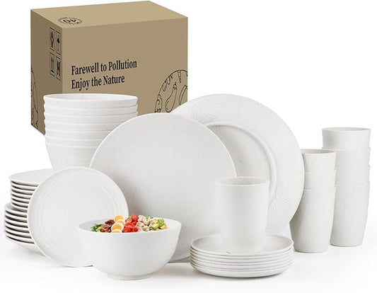 Homienly Wheat Straw Dinnerware Set,40-Piece Dish Set for 8, Dinner Plates, Dessert Plate, Cereal Bowls, Cups, Appetizer Plates,Reusable Dinner Plates Kids Plates and Bowls Sets, White