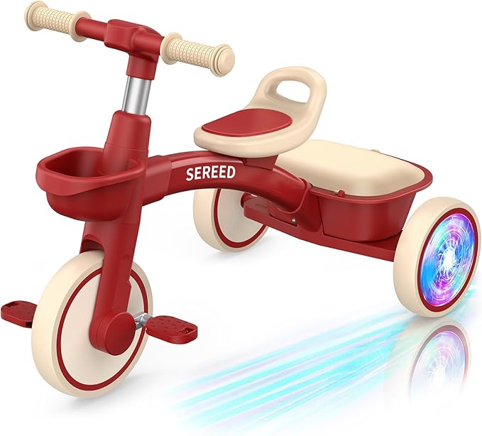 SEREED Colorful Lighting Toddler Tricycle for 2-5 Years Old Boys Girls, Adjustable Seat&Handlebar Trike, Removable Basket, Birthday Gift Idea for Kids Ages 2+ (Red)