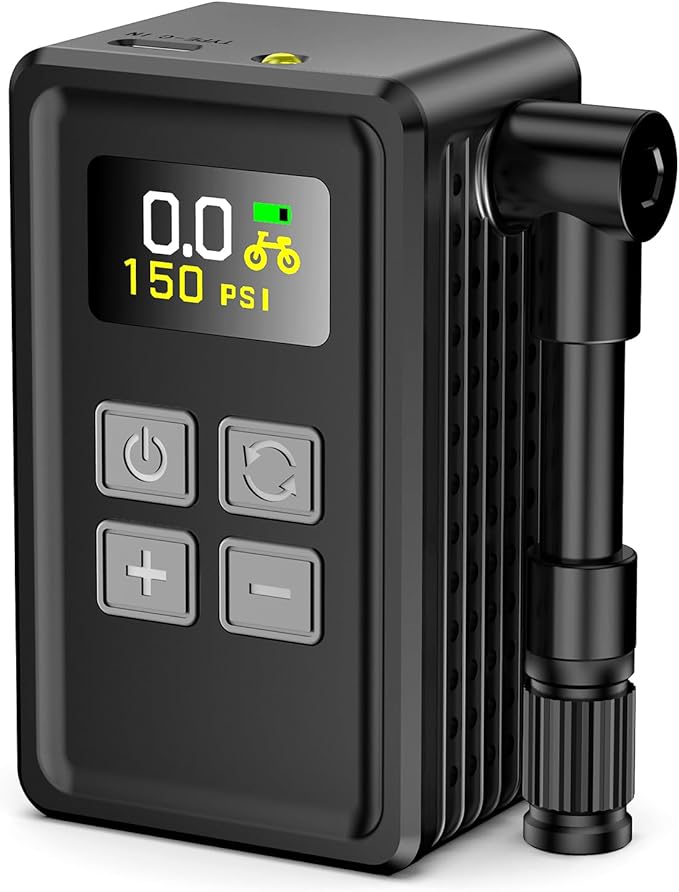 Mini Electric Bike Pump, 29s Fast Inflation, 150PSI Portable Bike Air Pump with Pressure Gauge, Presta and Schrader Valves, Suitable for Road Bikes, Mountain Bikes, Motorcycles, and Balls