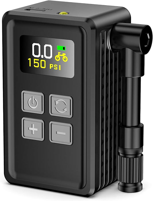 Mini Electric Bike Pump, 29s Fast Inflation, 150PSI Portable Bike Air Pump with Pressure Gauge, Presta and Schrader Valves, Suitable for Road Bikes, Mountain Bikes, Motorcycles, and Balls