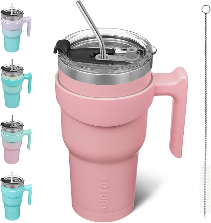 BJPKPK Tumbler With Handle 30 oz Tumbler With Lid And Straw Reusable Stainless Steel Travel Mug Insulated Coffee Cups,Light Pink