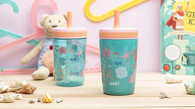Zak Designs Shells Kelso Tumbler Set, Leak-Proof Screw-On Lid with Straw, Bundle for Kids Includes Plastic and Stainless Steel Cups with Bonus Sipper (3pc Set, Non-BPA)