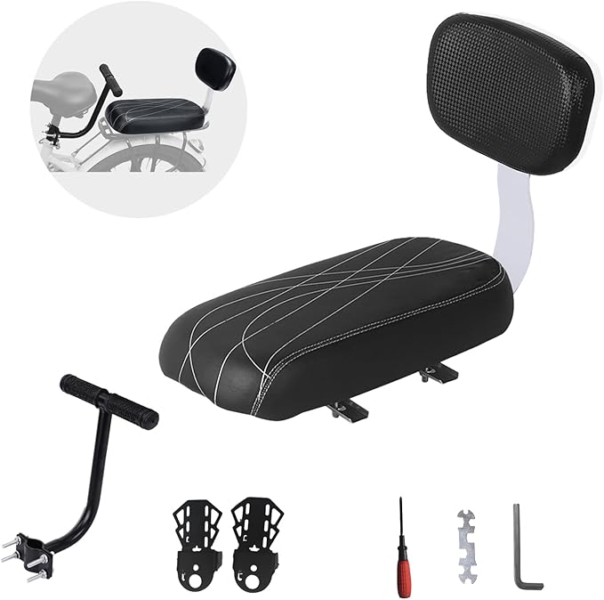 Bicycle Rear Seat with Back,Pu Leather Soft Cushion Bicycle Passenger Seat,Rear Bike Seat Kids Including Cushion and Backrest, Armrest, Footrests (Black)