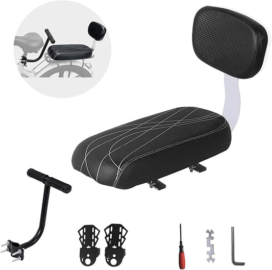 Bicycle Rear Seat with Back,Pu Leather Soft Cushion Bicycle Passenger Seat,Rear Bike Seat Kids Including Cushion and Backrest, Armrest, Footrests (Black)