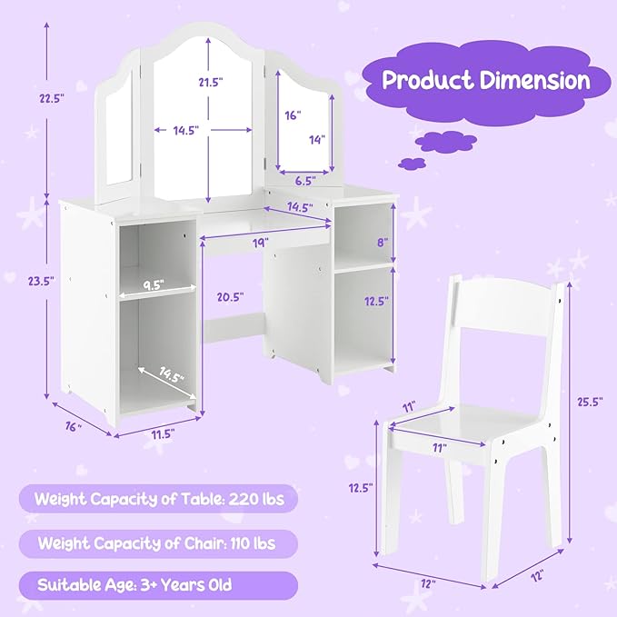 Costzon Kids Vanity, 2 in 1 Princess Makeup Desk & Chair Set with Detachable Tri-Folding Mirror, Storage Shelves, Wooden Toddler Vanity Dressing Table, Vanity Set for Little Girls (White)