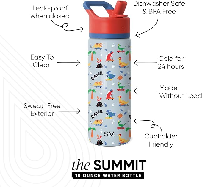 Simple Modern Kids Summit Water Bottle with Straw Lid | 18oz Stainless Steel Cup Insulated Tumbler for Toddlers, School | Rad Dino