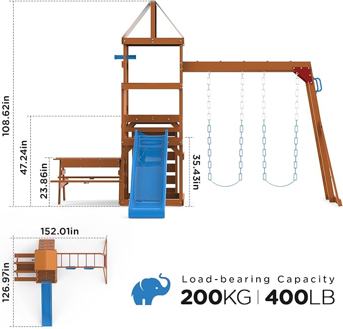 Dolphin Playground Wooden Swing Sets for Backyard with Monkey Bar, Outdoor Playset for Kids with 2 in 1 Outdoor Table, Wave Slide, Climbing Wall, and 2 Belt Swings, Heavy Duty Playground Accessories