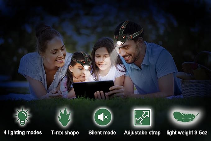 Dinosaur Kids Headlamp, T-Rex Dinosaur Led Headlamp Flashlight, Dinosaur Toy Headlamp Flashlight with 4 Lighting Mode for Boys, Girls’ Camping, Hiking, Reading and Party (Green)