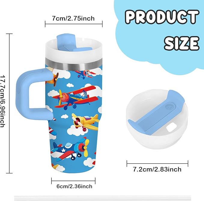 Airplane Gifts for Boys - 14oz Blue Kids Helicopter Airplane Tumbler with Handle and Straw, Stainless Steel Insulated Water Cup, for Sport, School - Airplane Themed Children Birthday Gifts Cup(1pc)