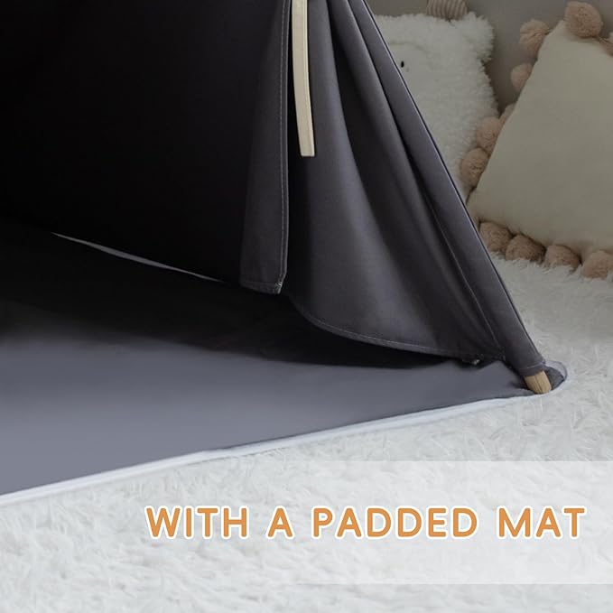 Teepee Tent for Kids, 100% Cotton Play Tent with Mat, Kids Teepee Tent with Colored Flag, Quality Portable Play Tent with Carry Bag for Girls and Boys Indoor Outdoor (Beige Gray with Mat)