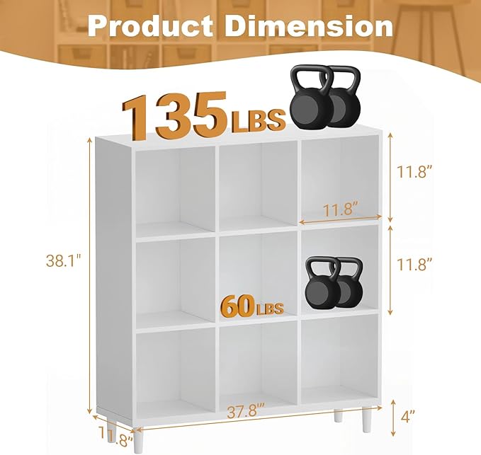 9 Cube Storage Organizer | White Bookshelf|3 Shelf Bookcase |Long Bookshelf| -Cubic Storage Cabinet（Storing Books,Toys & More Easy to Install）