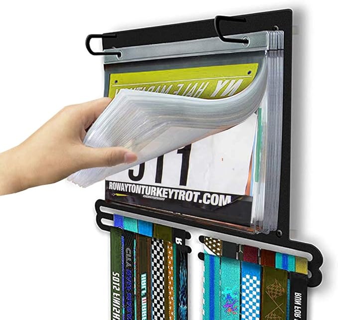 Jolitac Sports Medal Awards Display Rack Wall Mounted Marathon Medals Hanger Holder for 60+ Medals 100 Runner Race Bibs 20 Bibs Flip Vinyl Sleeves