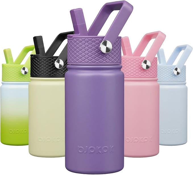 BJPKPK Insulated Water Bottle with Straw Lid, 15oz Cute Water Bottles, Stainless Steel Metal Thermo, Reusable BPA Free Leak Proof Tumblers, Cups,Iris