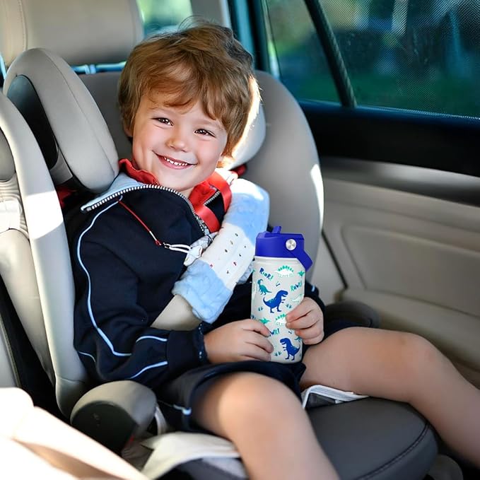 SANDJEST Dinosaur Kids Water Bottle with Straw Lid, Pack of 2 Insulated 12 Oz Stainless Steel Water Bottles for Boys, Travel Cup for School Sports