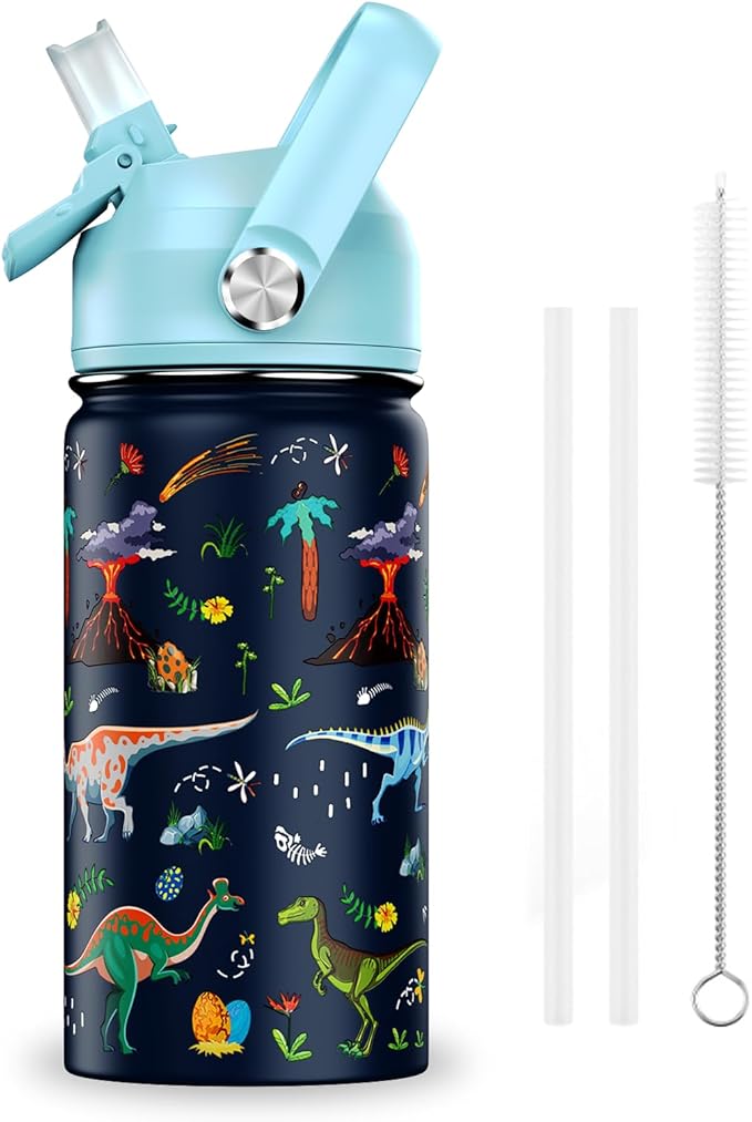 14oz Kids Insulated Water Bottle with Straw Lid - 18/8 Stainless Steel Kid Cup Travel Tumbler Double Wall Vacuum Leak Proof Portable Toddler Water Bottle (Dinosaur)