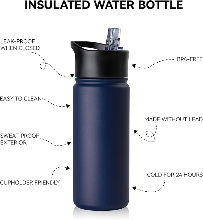 16 oz Insulated Water Bottle Bulk 4 Pack, Straw & Spout Lid, Keep Cold 24H, Spill Proof, BPA-Free, Double Wall, Stainless Steel Kids Water Bottles for School, Sports, Navy Blue