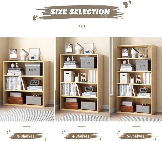 Basic Open Shelf Bookcase - 3-Tier Wooden Cube Storage Shelves Split Bookshelf, Oak