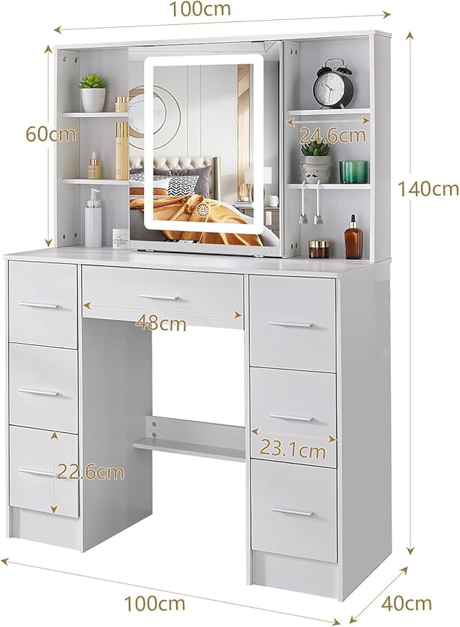 Large Vanity Set with LED Strip Light, Vanity Desk with Mirror and Lights, 7 Drawers Makeup Table with 6 Oppen Cabinets and 3 Hidden Shelves, Dressing Table for Girls