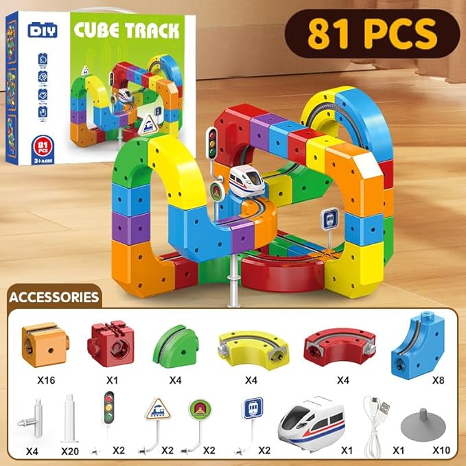 Rail Electric Train Set for Kids, Flexible 3D Race Track Toy with Motorized Car, Gravity-Defying Click Rail Track Layout, Educational STEM Building Set for Boys & Girls Ages 3–8 (81pcs)