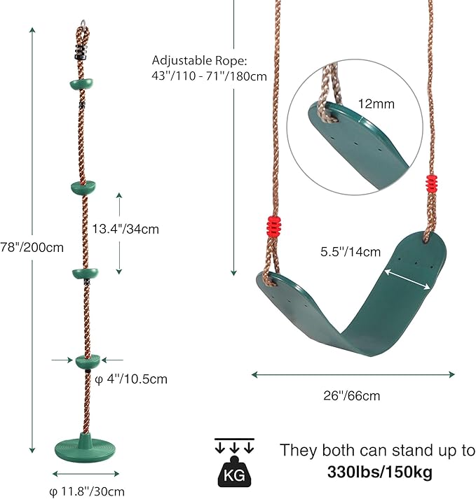 RedSwing Kids Belt Swing Seat and Plastic Climbing Rope Swing for Outside Playground, Safe Playground Swing Set Replacement for Children's Indoor and Outdoor Play, 330 Pounds Capacity - Green
