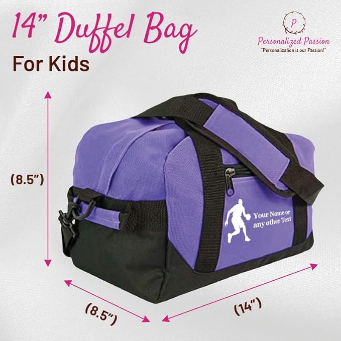Personalized Passion 14” Small Sports Duffel Bags for Kids - Waterproof Travel Duffle with Name & Basketball Design - Purple Two-Toned Kids Weekender Bag for Boys and Girls