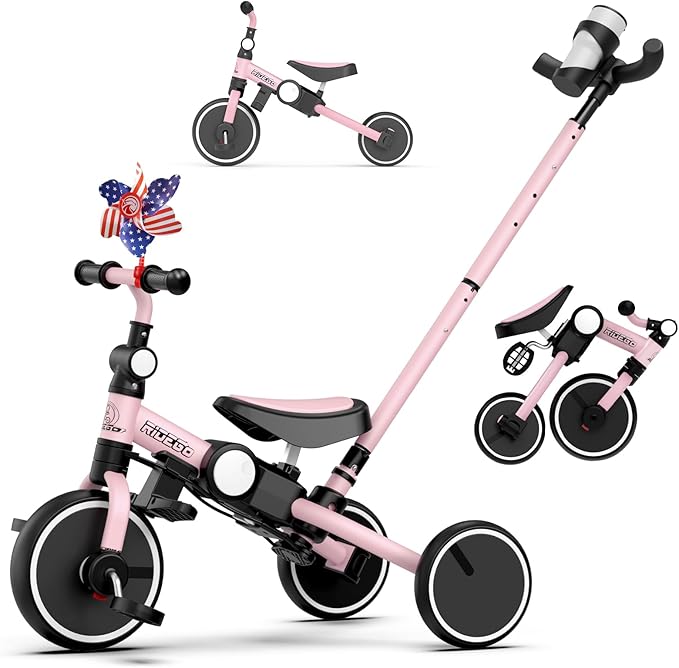 Ridego 5 in 1 Tricycle for Toddlers 3-5 Years Old,Foldable Toddler Bike with Push Handle and Cup Holder, Ideal Balance Bike and Birthday Gifts for 2 3 4 5 Year Old Boys Girls,Pink