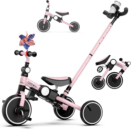 Ridego 5 in 1 Tricycle for Toddlers 3-5 Years Old,Foldable Toddler Bike with Push Handle and Cup Holder, Ideal Balance Bike and Birthday Gifts for 2 3 4 5 Year Old Boys Girls,Pink