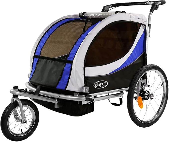 ClevrPlus Deluxe 3-in-1 Double 2 Seat Bicycle Bike Trailer Jogger Stroller for Kids Children | Foldable Collapsible w/Pivot Front Wheel
