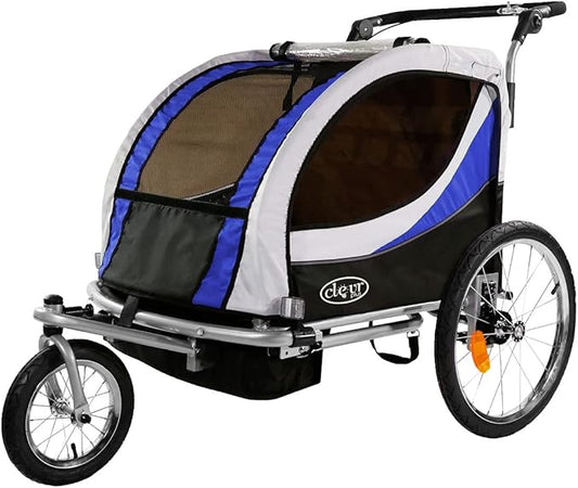ClevrPlus Deluxe 3-in-1 Double 2 Seat Bicycle Bike Trailer Jogger Stroller for Kids Children | Foldable Collapsible w/Pivot Front Wheel