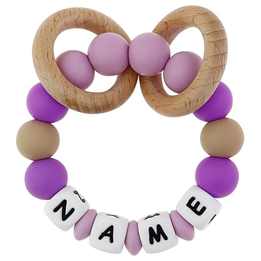 Personalized Baby Rattle Teether with Name, Customized Grasping Activity Shaker Grab Rattles, Early Educational Toys with Wood Teething Rings for Newborn Infant Toddler (Purple)