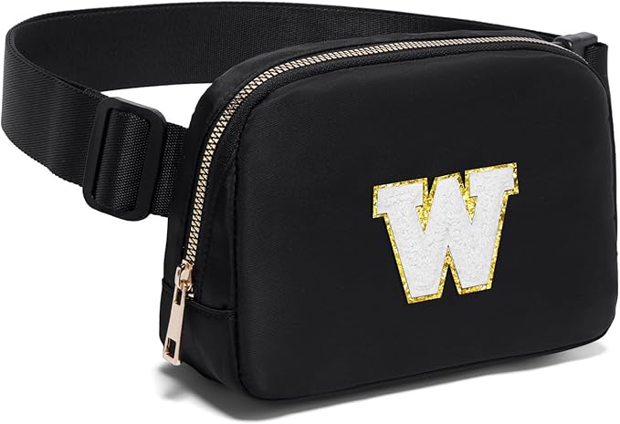 Gitus Birthday Gifts for 8 9 10 11 12 13 Year Old Girls Personalized Fanny Pack Crossbody Bags with Initial Letter Patch Belt Bag for Teen Girls Cute Trendy Stuff Travel Essentials (Black-W)