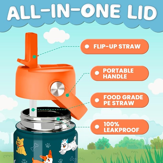 Puppy Water Bottle - Kids Water Bottle with Straw Lid - 12 Oz Insulated Stainless Steel Water Bottles for Kid Boys Girls - Travel Cup for School Sports