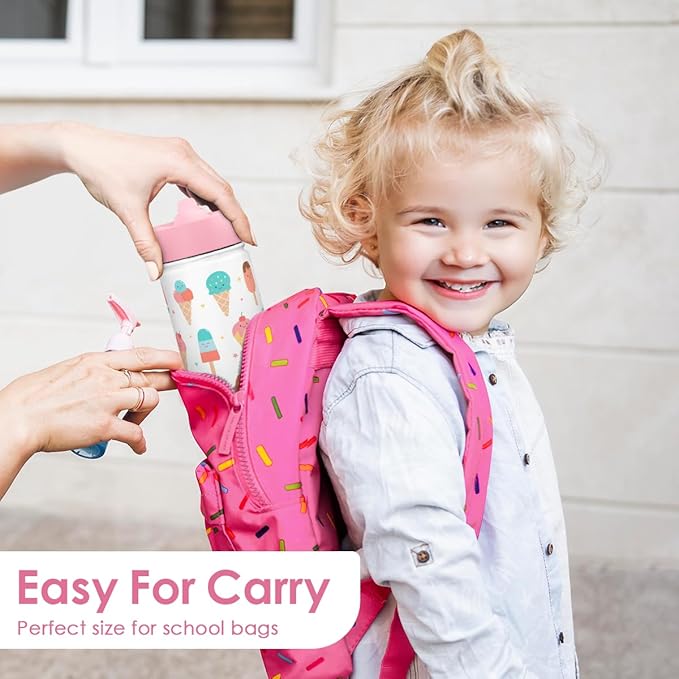 Ice Cream Kids Water Bottle With Straw Lid 12oz Insulated Stainless Steel, Travel Tumbler, Gifts For Girls, Birthday, Christmas, Back To School